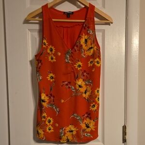 Express Yellow Floral Print On Coral Tank Top